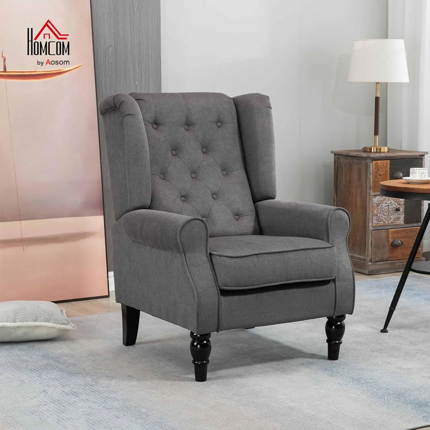 HOMCOM Mid-Century Modern Accent Chair, High Wingback Chair, Button-Tufted Upholstered Fabric Armchair with Retro Wood Legs for Living Room, Bedroom, Dark Gray