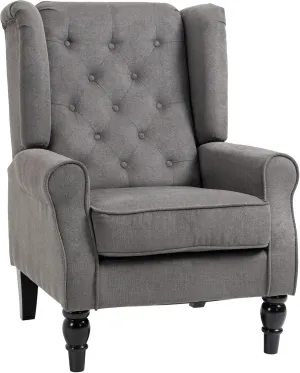 HOMCOM Mid-Century Modern Accent Chair, High Wingback Chair, Button-Tufted Upholstered Fabric Armchair with Retro Wood Legs for Living Room, Bedroom, Dark Gray