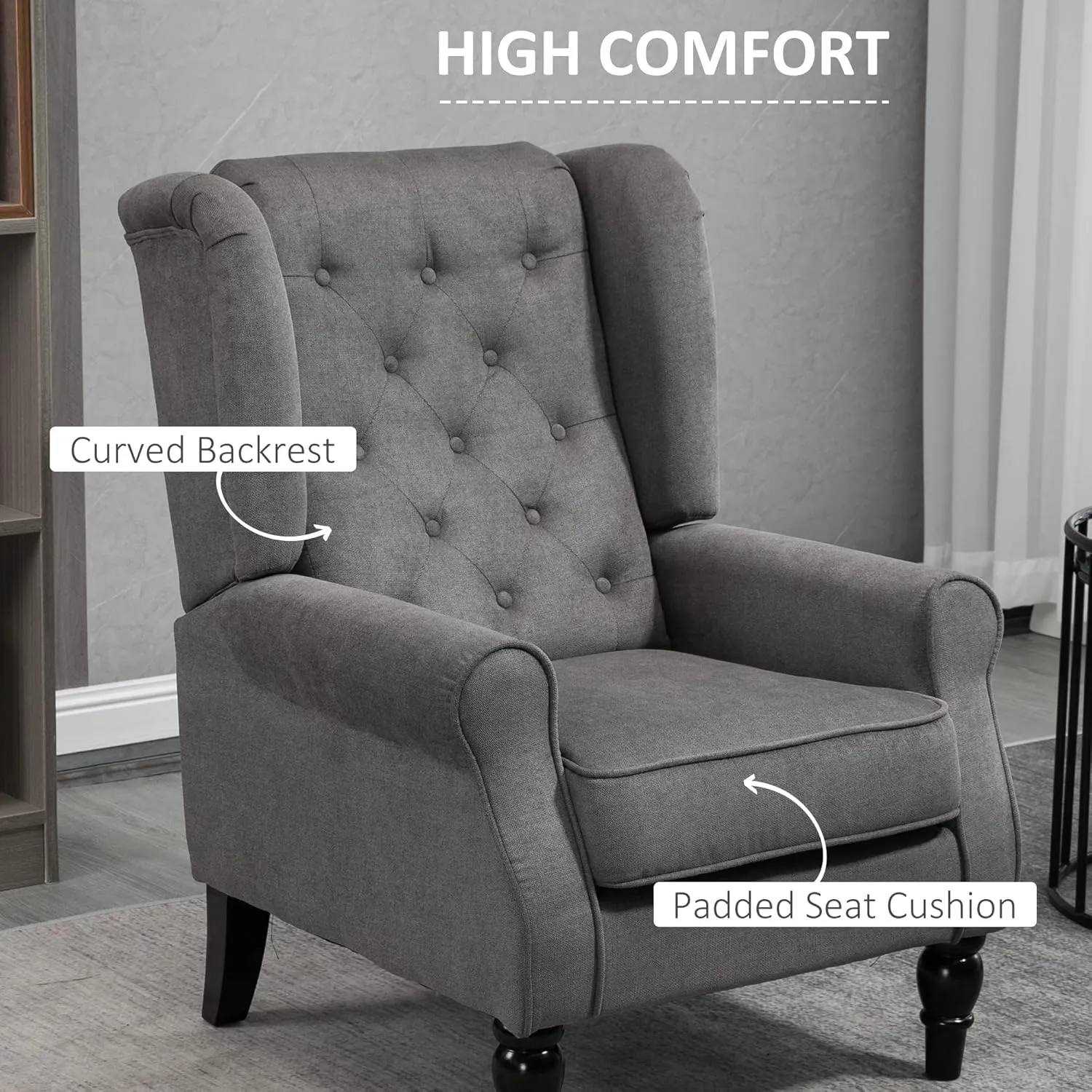 HOMCOM Mid-Century Modern Accent Chair, High Wingback Chair, Button-Tufted Upholstered Fabric Armchair with Retro Wood Legs for Living Room, Bedroom, Dark Gray