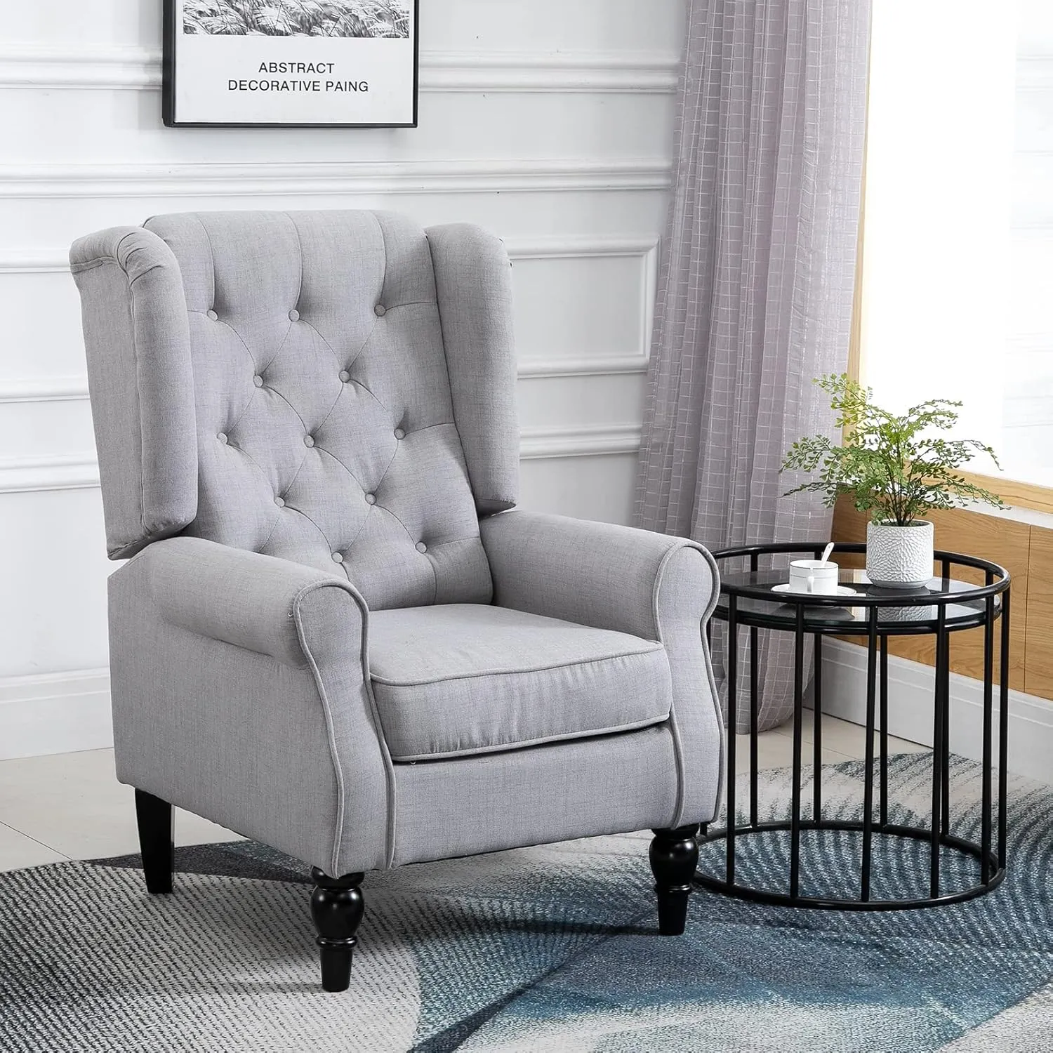 HOMCOM Mid-Century Modern Accent Chair, High Wingback Chair, Button-Tufted Upholstered Fabric Armchair with Retro Wood Legs for Living Room, Bedroom, Gray