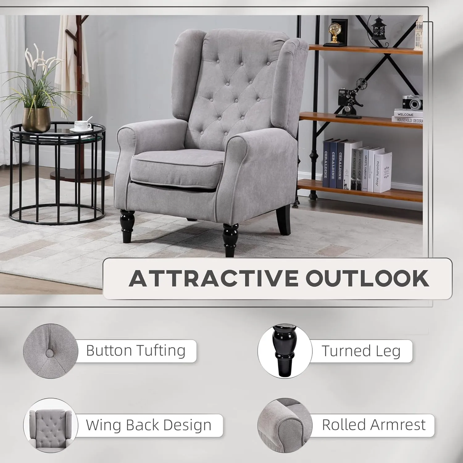 HOMCOM Mid-Century Modern Accent Chair, High Wingback Chair, Button-Tufted Upholstered Fabric Armchair with Retro Wood Legs for Living Room, Bedroom, Gray