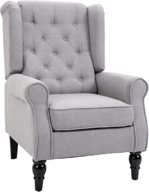 HOMCOM Mid-Century Modern Accent Chair, High Wingback Chair, Button-Tufted Upholstered Fabric Armchair with Retro Wood Legs for Living Room, Bedroom, Gray
