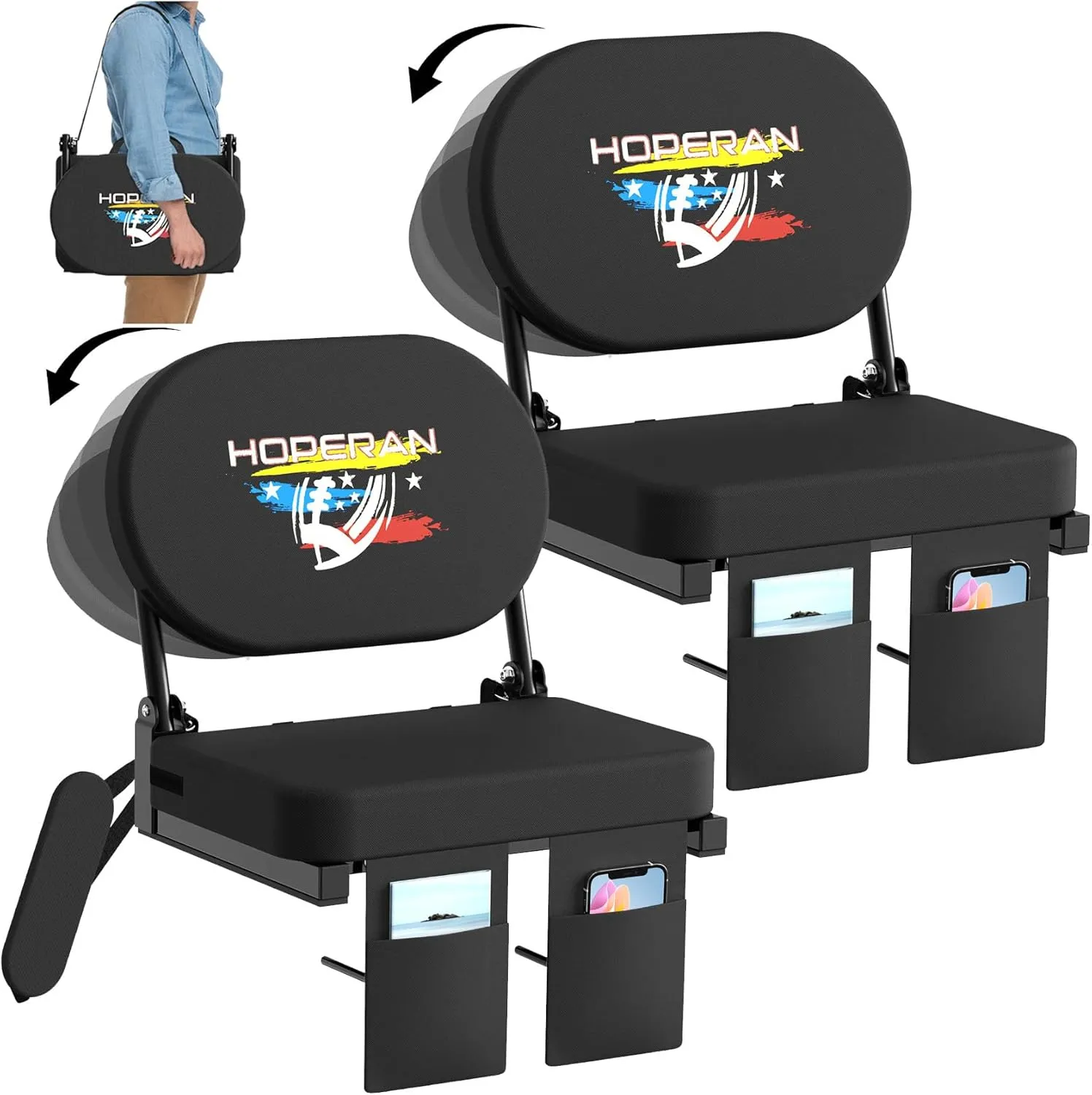 HOPERAN Stadium Seats with Back Support – 270° Foldable Rotating Padded Bleacher Chair, Non-Slip Hooks, Lightweight Portable with Shoulder Strap, Perfect for Bleachers