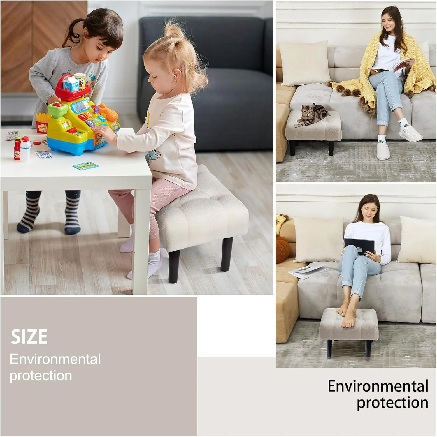 HOUCHICS Fur Padded Foot Stool, Small Ottoman with Wooden Legs, Modern Rectangle Chair Foot Rest for Living Room, Couch, Desk (White)