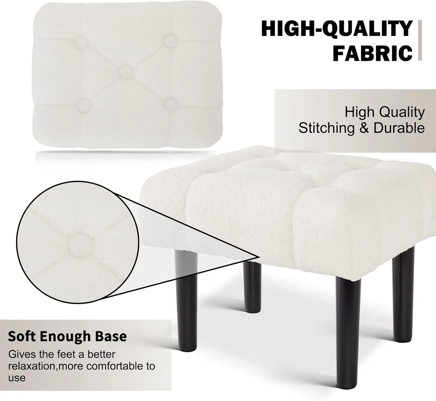 HOUCHICS Fur Padded Foot Stool, Small Ottoman with Wooden Legs, Modern Rectangle Chair Foot Rest for Living Room, Couch, Desk (White)