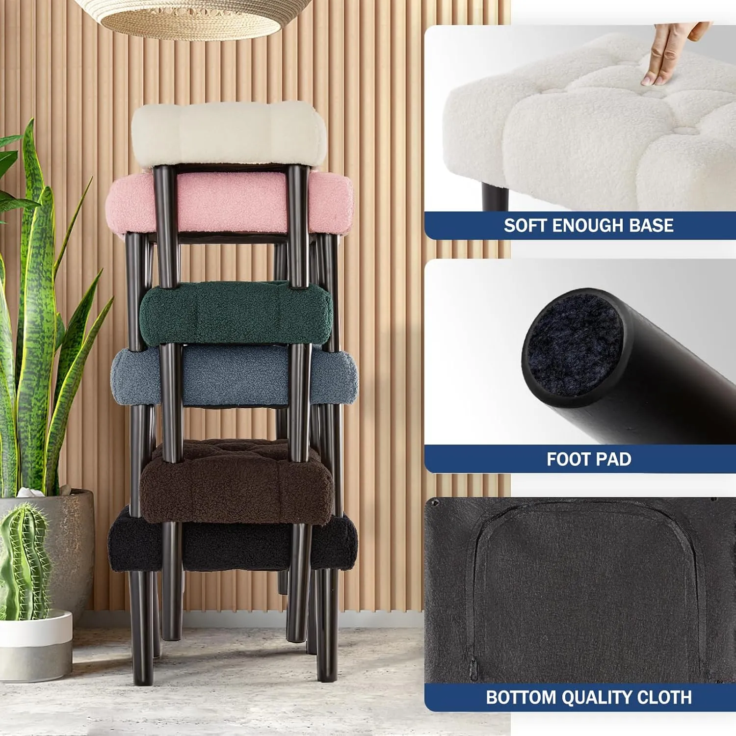 HOUCHICS Fur Padded Foot Stool, Small Ottoman with Wooden Legs, Modern Rectangle Chair Foot Rest for Living Room, Couch, Desk (White)