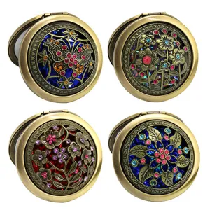HUAMULAN 4PCS Compact Mirror Retro Hollow Bronze Rhinestone Folding Assorted Color Cosmetic Tool Makeup Hand Mirror,Metal Frame Dual Sided,Wedding Favor Party Gifts