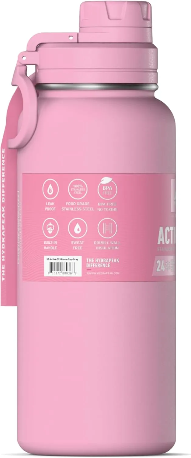 Hydrapeak 32oz Sport Insulated Water Bottle with Straw & Chug Lid, Leak & Spill Proof, Keeps Drinks Cold for 24 Hours, Hot for 12 Hours, Premium Stainless Steel Water Bottles (32oz, Pink)