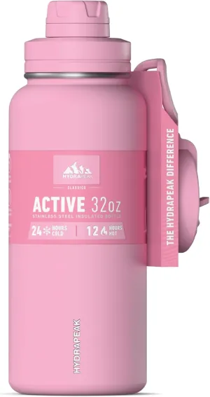 Hydrapeak 32oz Sport Insulated Water Bottle with Straw & Chug Lid, Leak & Spill Proof, Keeps Drinks Cold for 24 Hours, Hot for 12 Hours, Premium Stainless Steel Water Bottles (32oz, Pink)