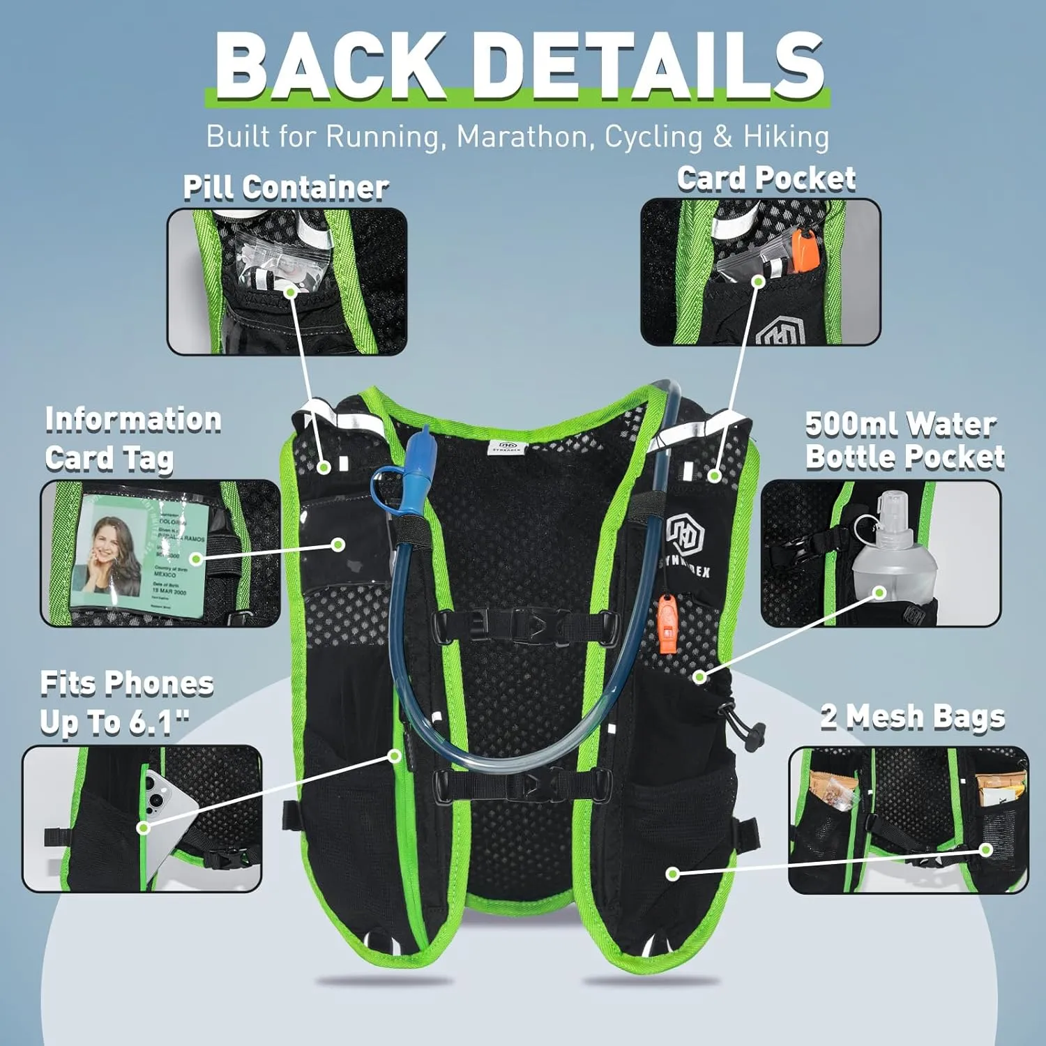 Hydration Vest Backpack with 1.5L Water Bladder - Adjustable Breathable Running Pack for Hiking Trail Lightweight Running Cycling Marathon, Daypack for Women & Men