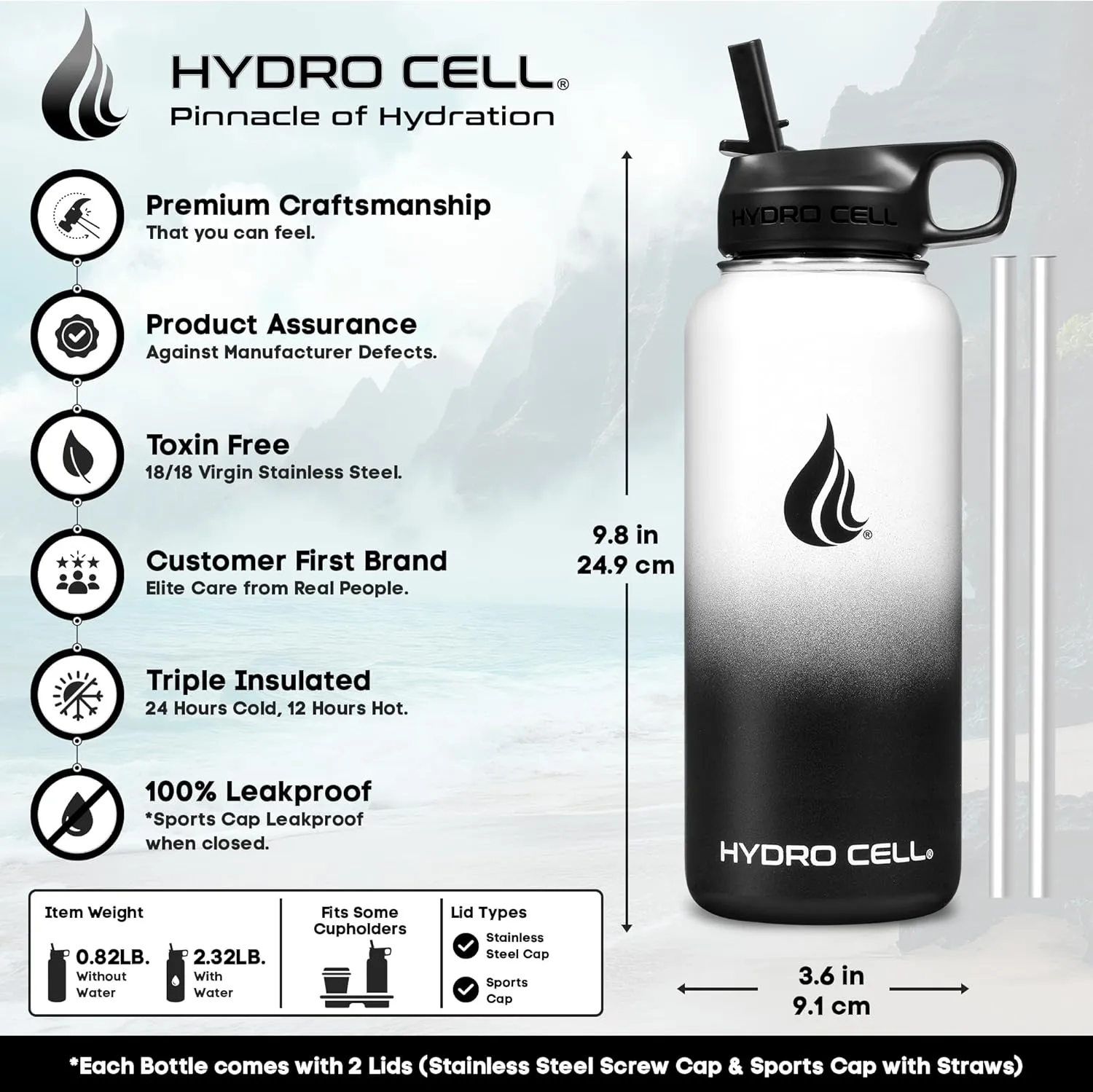HYDRO CELL Stainless Steel Insulated Water Bottle with Straw - For Cold & Hot Drinks - Metal Vacuum Flask with Screw Cap and Modern Leakproof Sport Thermos for Adults (Black/White 32oz)