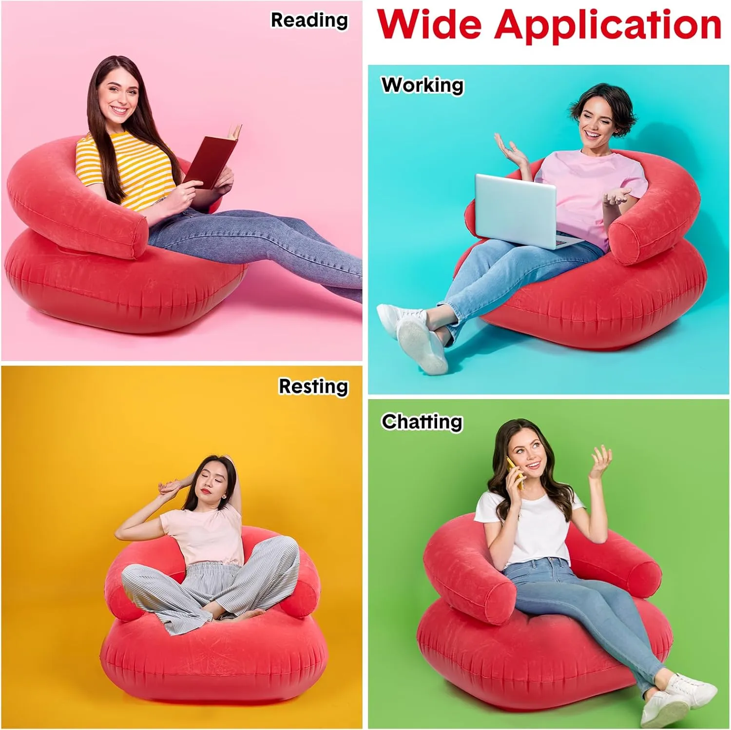 Inflatable Lounge Chair Deck Chair Lazy Sofa, Blow Up, Folding, Portable Couch for Home, Office Balcony, Floor Seating(Red,2 Pcs)