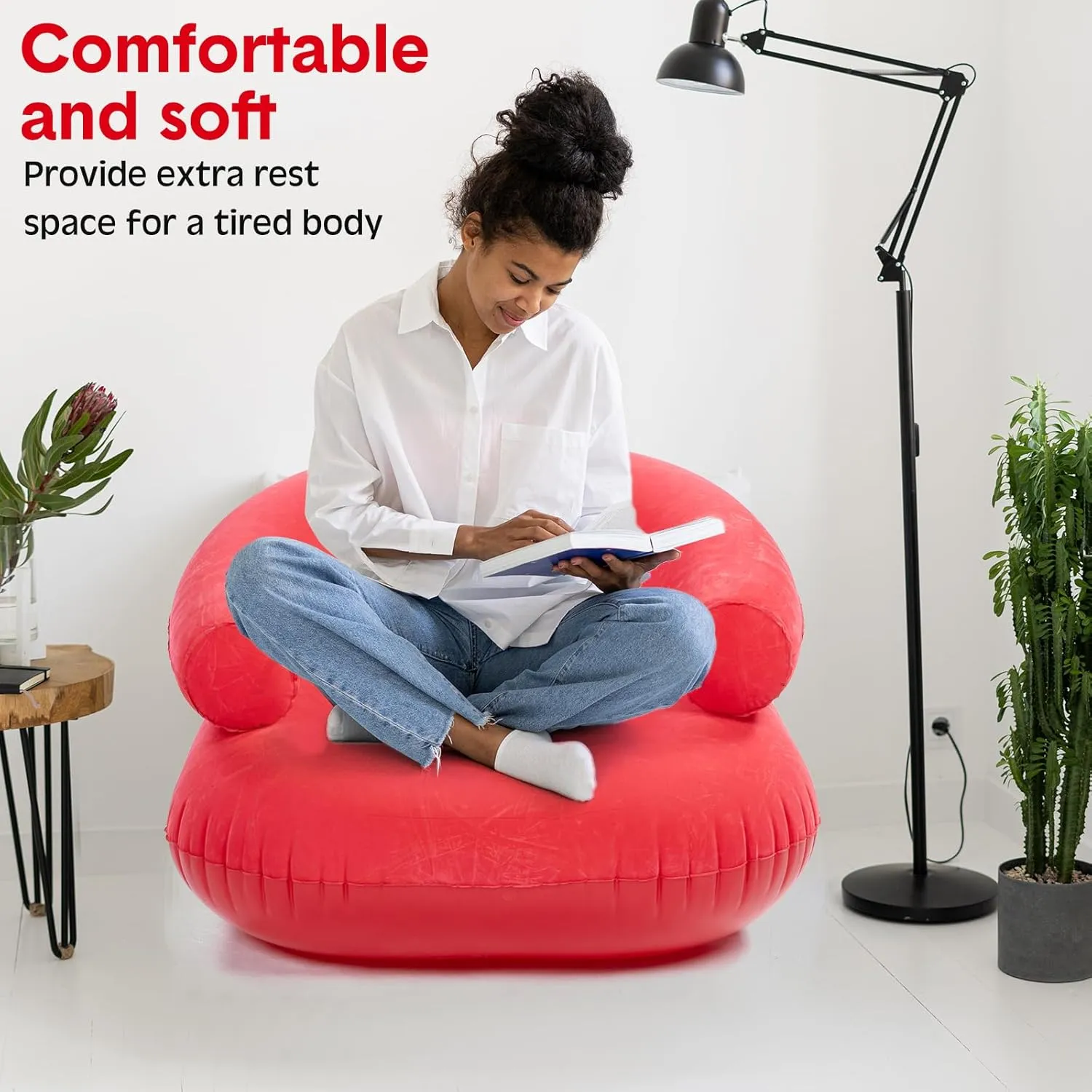 Inflatable Lounge Chair Deck Chair Lazy Sofa, Blow Up, Folding, Portable Couch for Home, Office Balcony, Floor Seating(Red,2 Pcs)