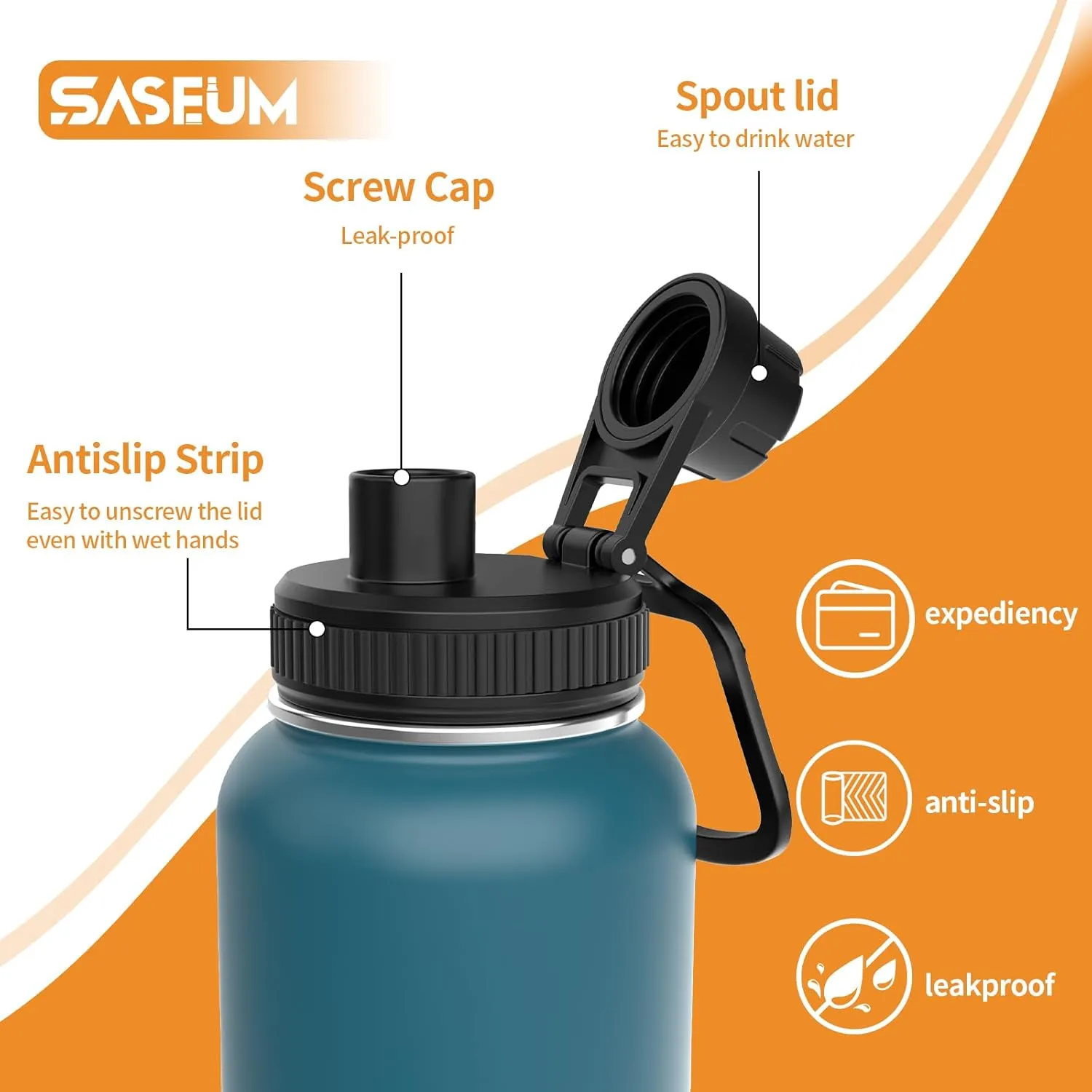 Insulated Stainless Steel Water Bottles 32oz with Spout Lids Metal Vacuum Thermal Large Water Jug Leak-proof Reusable Flask for Sports Gym and Travel,Blue