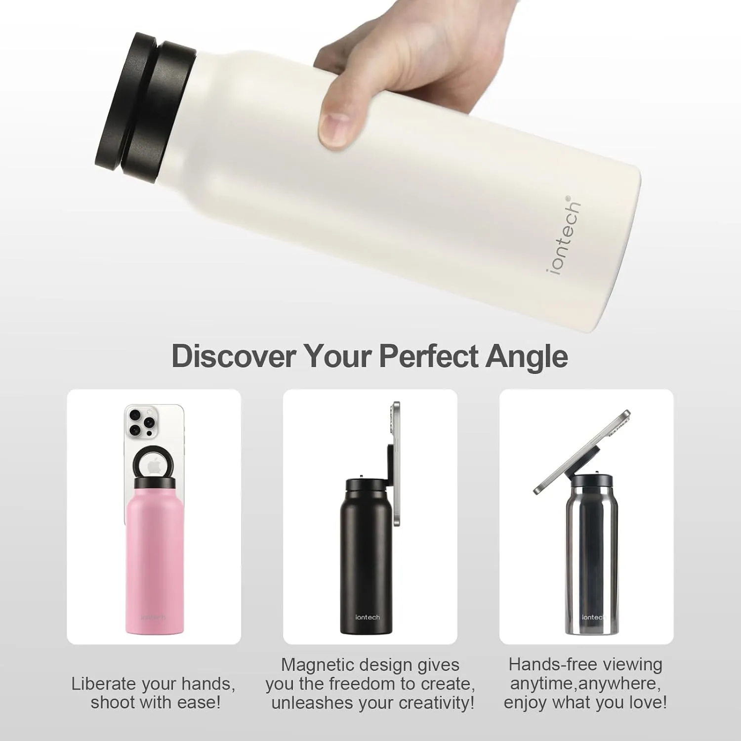 iontech Water Bottle Compatible with Magsafe iPhone Holder, 32oz Insulated Stainless Steel Flask with Magnetic Phone Tripod Mount Stand For Gym Sports Travel Car Cup, Hot 12H Cold 24H (Pink)