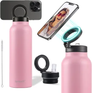 iontech Water Bottle Compatible with Magsafe iPhone Holder, 32oz Insulated Stainless Steel Flask with Magnetic Phone Tripod Mount Stand For Gym Sports Travel Car Cup, Hot 12H Cold 24H (Pink)