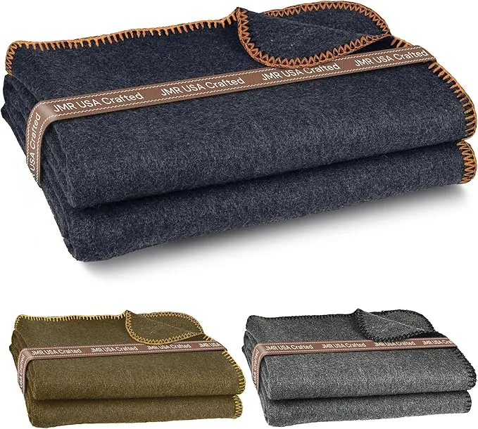 JMR Wool Camping Blanket - Warm Heavy Car Blanket & Camp Quilt - Survival Emergency Blanket for Sleeping Outdoors - Multi-Use Wool Blanket for Camping, Car & Home - 70% Wool, Navy, 62X84