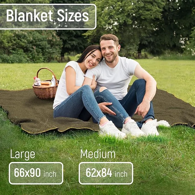 JMR Wool Camping Blanket - Warm Heavy Car Blanket & Camp Quilt - Survival Emergency Blanket for Sleeping Outdoors - Multi-Use Wool Blanket for Camping, Car & Home - 70% Wool, Olive Green, 62X84