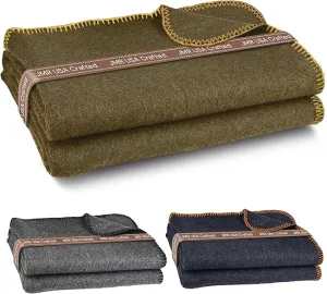 JMR Wool Camping Blanket - Warm Heavy Car Blanket & Camp Quilt - Survival Emergency Blanket for Sleeping Outdoors - Multi-Use Wool Blanket for Camping, Car & Home - 70% Wool, Olive Green, 62X84