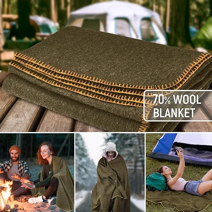 JMR Wool Camping Blanket - Warm Heavy Car Blanket & Camp Quilt - Survival Emergency Blanket for Sleeping Outdoors - Multi-Use Wool Blanket for Camping, Car & Home - 70% Wool, Olive Green, 62X84