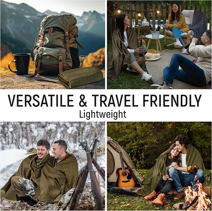 JMR Wool Camping Blanket - Warm Heavy Car Blanket & Camp Quilt - Survival Emergency Blanket for Sleeping Outdoors - Multi-Use Wool Blanket for Camping, Car & Home - 70% Wool, Olive Green, 62X84