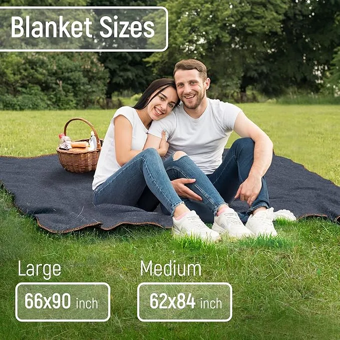 JMR Wool Camping Blanket - Warm Heavy Car Blanket & Camp Quilt - Survival Emergency Blanket Sleeping Outdoors - Multi-Use Wool Blanket for Camping, Car & Home - 70% Wool, Navy, 62X84, Case of 10