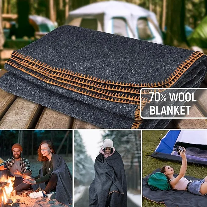 JMR Wool Camping Blanket - Warm Heavy Car Blanket & Camp Quilt - Survival Emergency Blanket Sleeping Outdoors - Multi-Use Wool Blanket for Camping, Car & Home - 70% Wool, Navy, 62X84, Case of 10