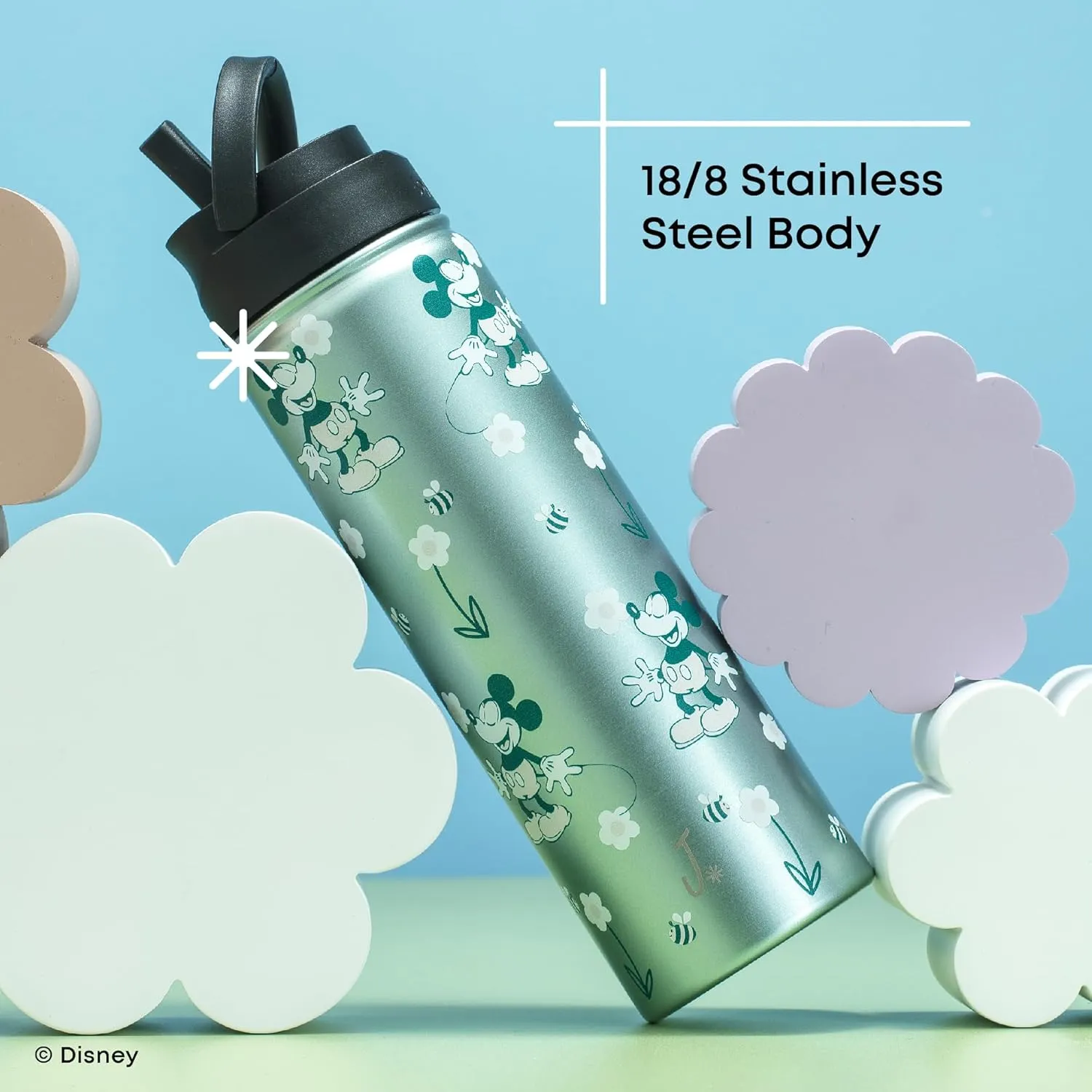 JoyJolt Disney Retro Vintage Stainless Steel Water Bottle ft Mickey Mouse, Reusable 22oz Vacuum Insulated Water Bottle Tumbler with Leak Proof Flip Straw Lid and Handle, Lead & BPA Free
