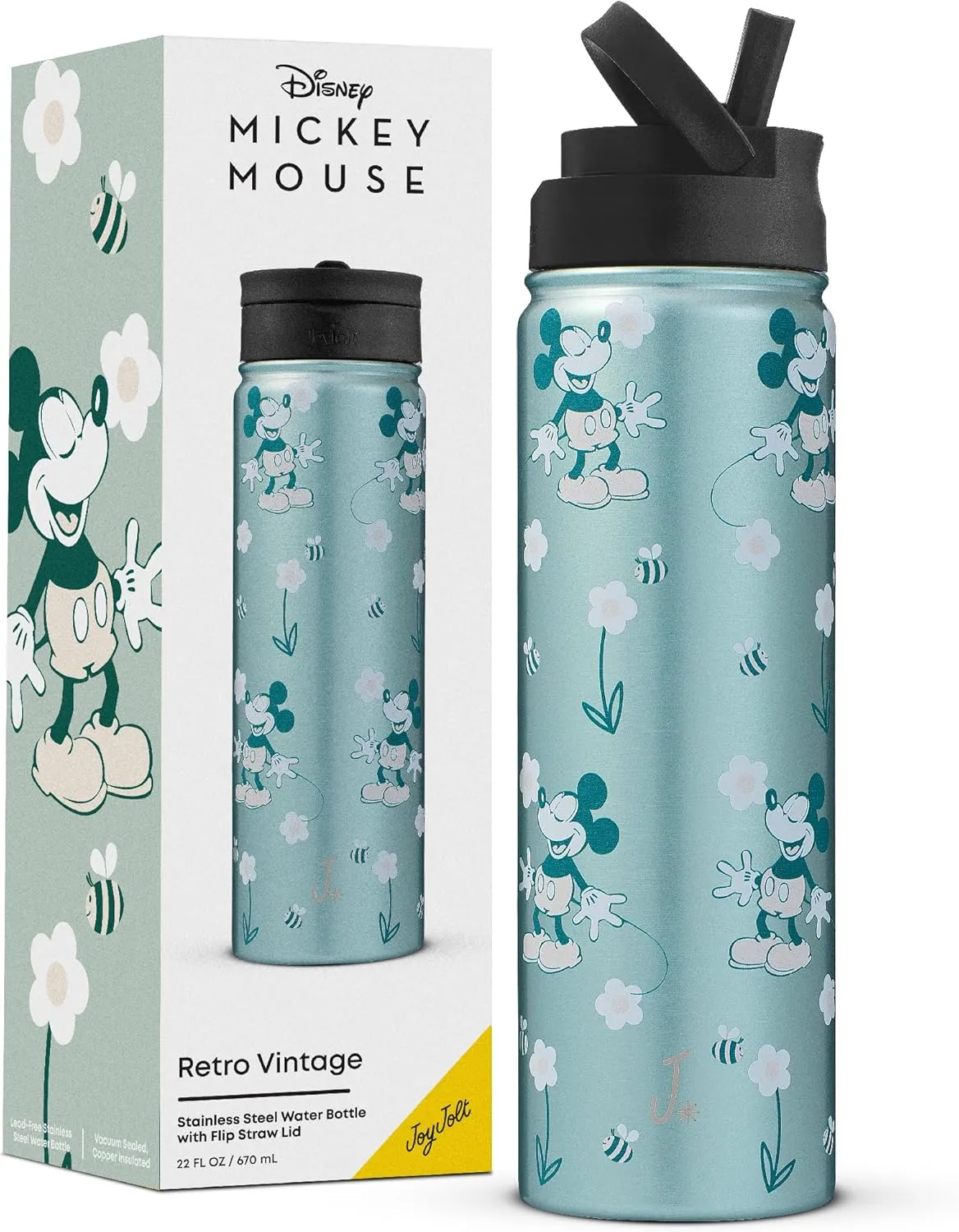 JoyJolt Disney Retro Vintage Stainless Steel Water Bottle ft Mickey Mouse, Reusable 22oz Vacuum Insulated Water Bottle Tumbler with Leak Proof Flip Straw Lid and Handle, Lead & BPA Free