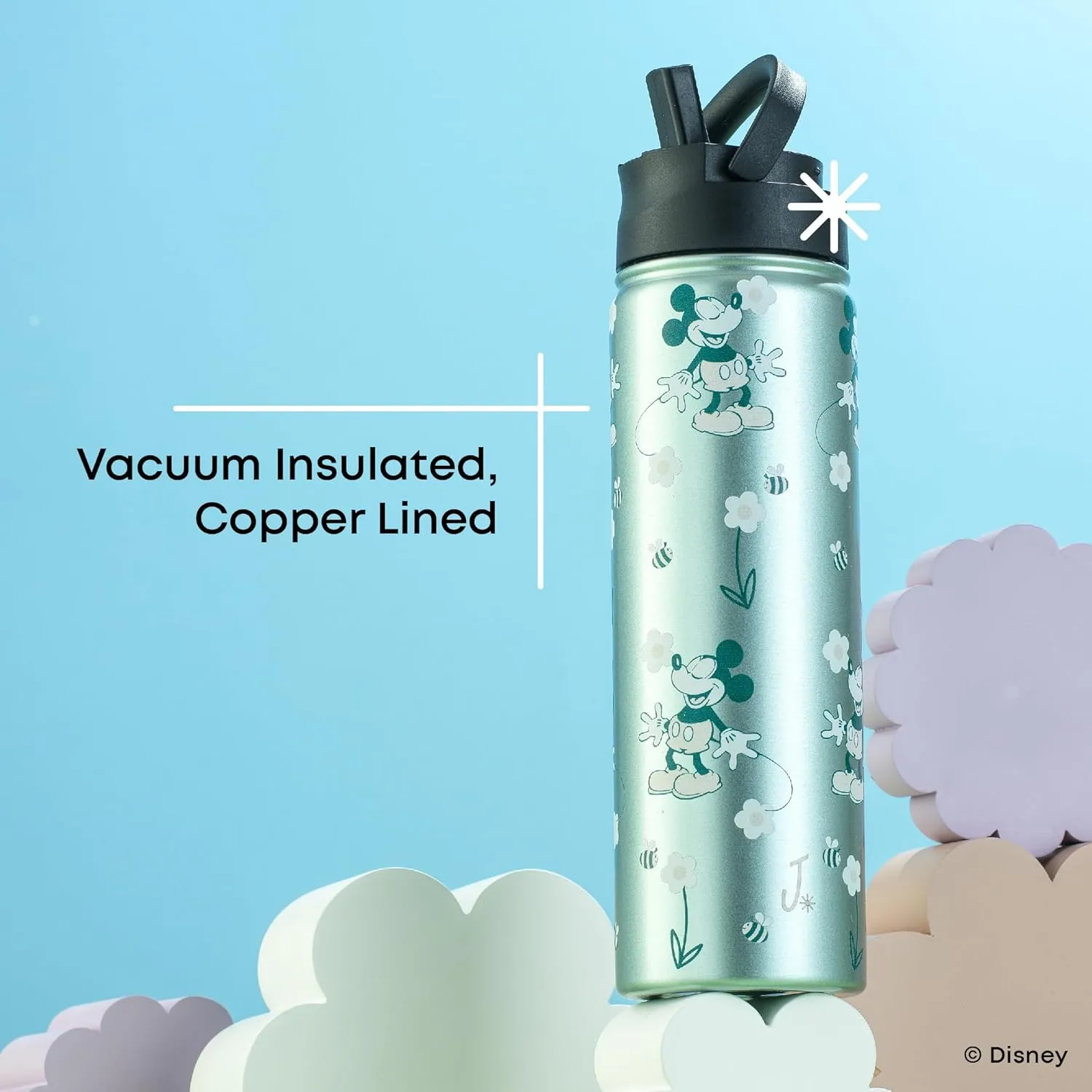 JoyJolt Disney Retro Vintage Stainless Steel Water Bottle ft Mickey Mouse, Reusable 22oz Vacuum Insulated Water Bottle Tumbler with Leak Proof Flip Straw Lid and Handle, Lead & BPA Free