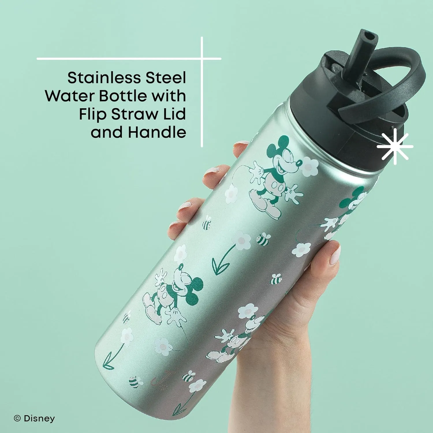 JoyJolt Disney Retro Vintage Stainless Steel Water Bottle ft Mickey Mouse, Reusable 22oz Vacuum Insulated Water Bottle Tumbler with Leak Proof Flip Straw Lid and Handle, Lead & BPA Free