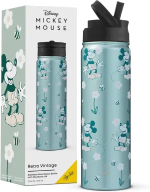 JoyJolt Disney Retro Vintage Stainless Steel Water Bottle ft Mickey Mouse, Reusable 22oz Vacuum Insulated Water Bottle Tumbler with Leak Proof Flip Straw Lid and Handle, Lead & BPA Free