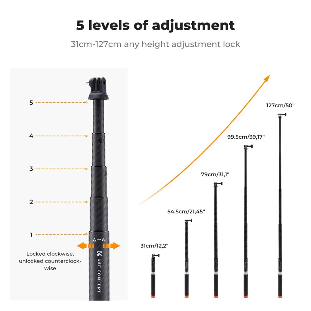 K&F Concept MS22 127cm / 50 inch Adjustable Extension Carbon Pole Invisible Selfie Stick Monopod with Wrist Strap for Insta360, GoPro, DJI Osmo Action Camera & Mobile Phone Holder