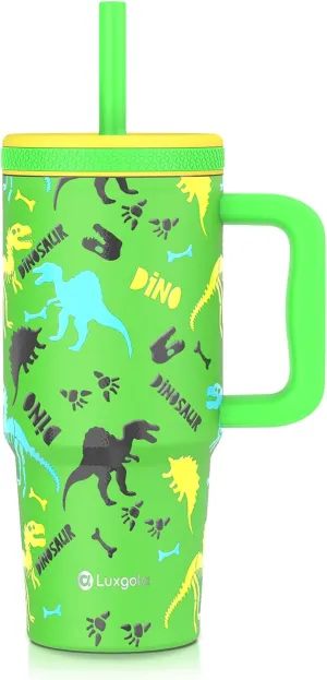 Kids 24 oz Tumbler with Handle, Leak-Proof Screw-On Lid with Removable Silicone Straw, Spill Proof, Reusable Stainless Steel Insulated Water Bottle, Gift for Boys Girls Adults, Green Dinosaur