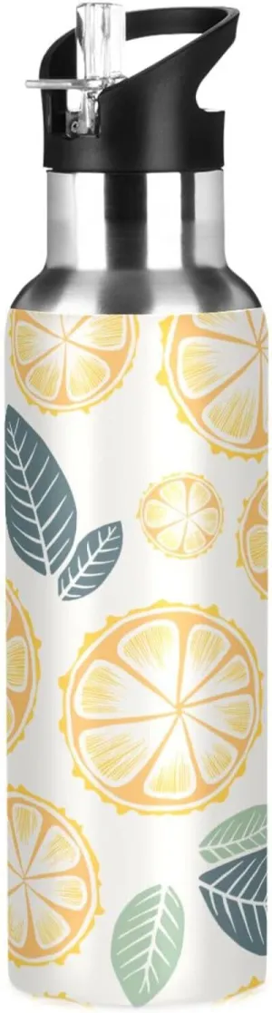 Kigai Lemon Leaves Insulated Water Bottle with Straw Lid BPA-Free 20 oz Double Wall Vacuum Stainless Steel Leakproof Sports Water Bottle for Travel Fitness Gym