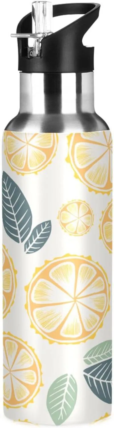Kigai Lemon Leaves Insulated Water Bottle with Straw Lid BPA-Free 20 oz Double Wall Vacuum Stainless Steel Leakproof Sports Water Bottle for Travel Fitness Gym