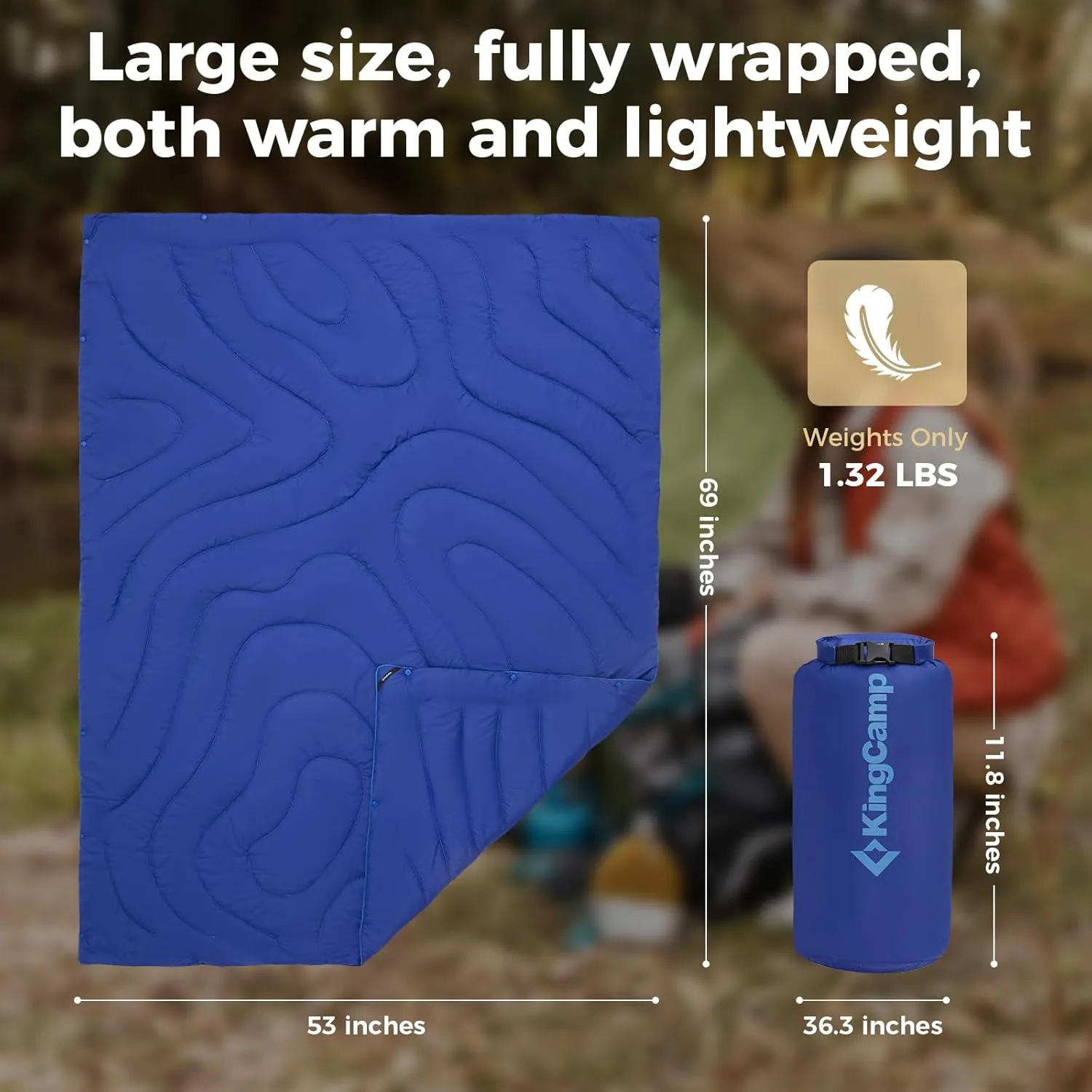 KingCamp Lightweight Camping Blanket Adoption150g/m² Shaped Cotton, Multifunctional Camping Blanket with Snap Button,Waterproof Blanket for Traveling Cold Weather, 69 x 53 inches, Navy