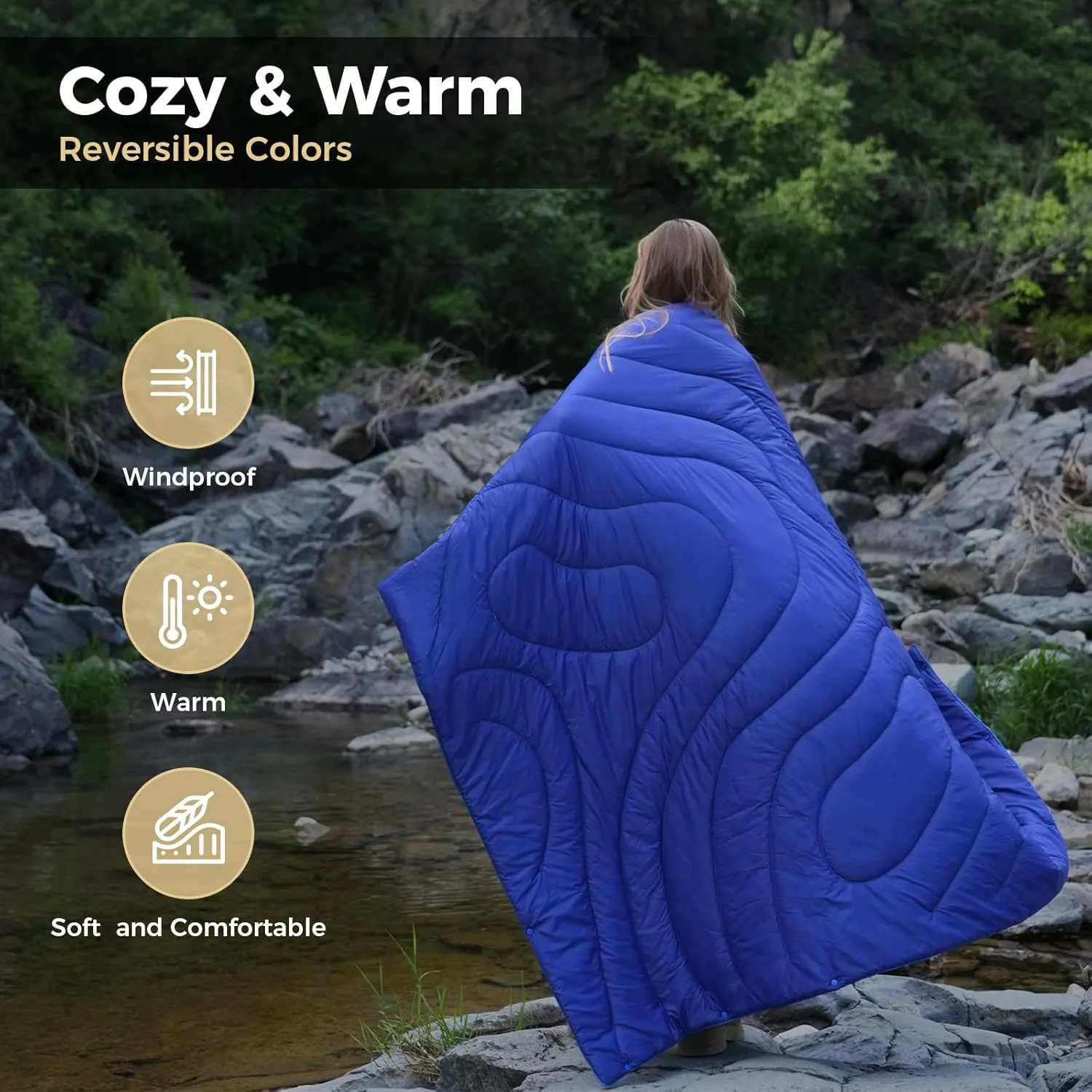 KingCamp Lightweight Camping Blanket Adoption150g/m² Shaped Cotton, Multifunctional Camping Blanket with Snap Button,Waterproof Blanket for Traveling Cold Weather, 69 x 53 inches, Navy