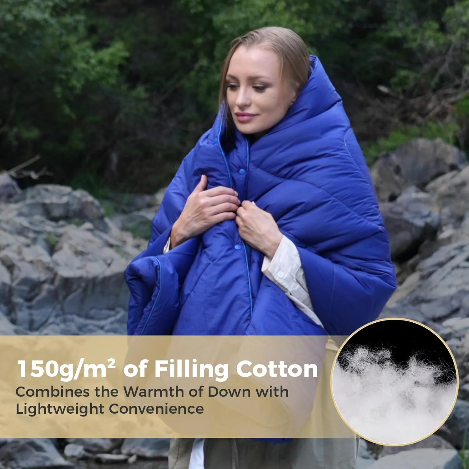 KingCamp Lightweight Camping Blanket Adoption150g/m² Shaped Cotton, Multifunctional Camping Blanket with Snap Button,Waterproof Blanket for Traveling Cold Weather, 69 x 53 inches, Navy