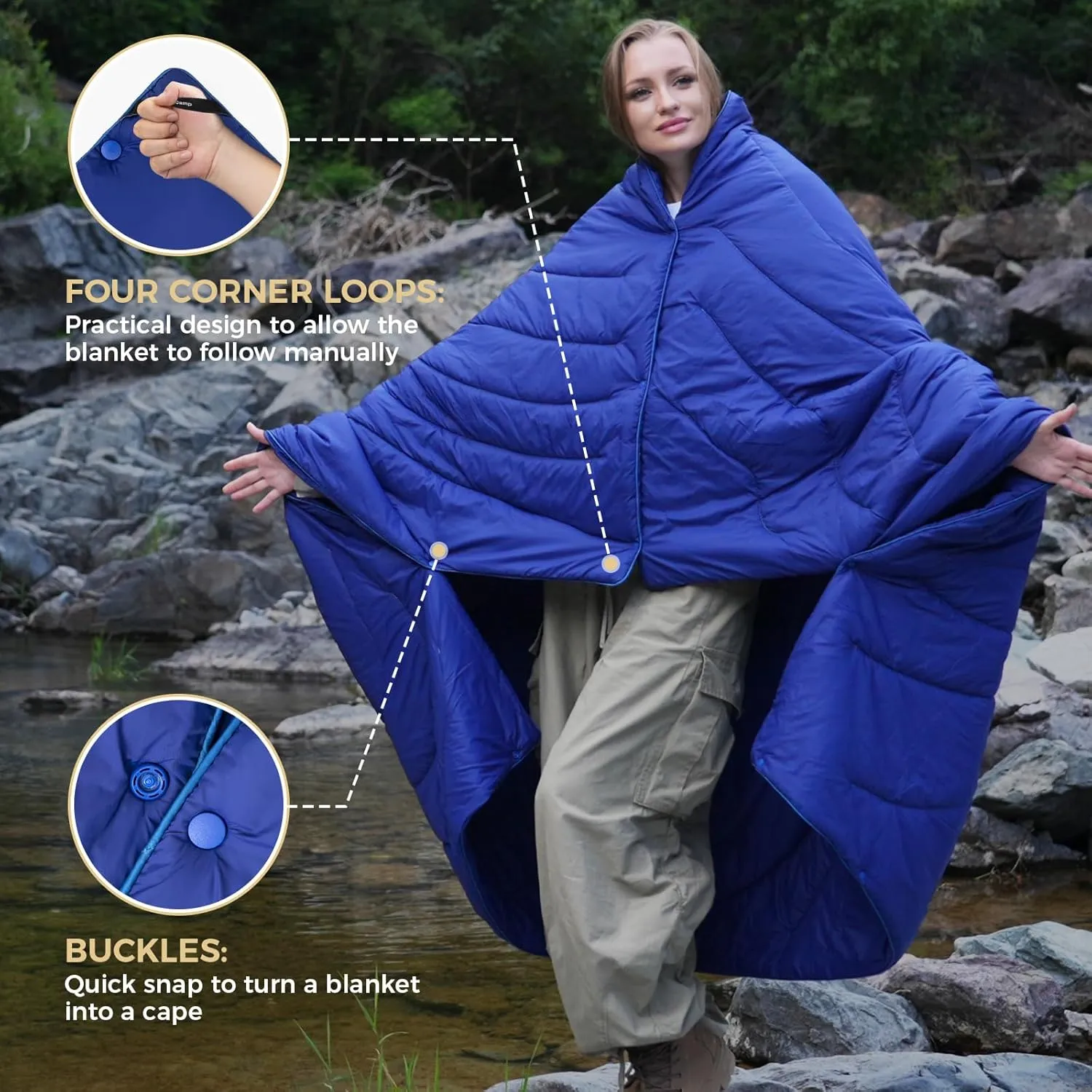 KingCamp Lightweight Camping Blanket Adoption150g/m² Shaped Cotton, Multifunctional Camping Blanket with Snap Button,Waterproof Blanket for Traveling Cold Weather, 69 x 53 inches, Navy