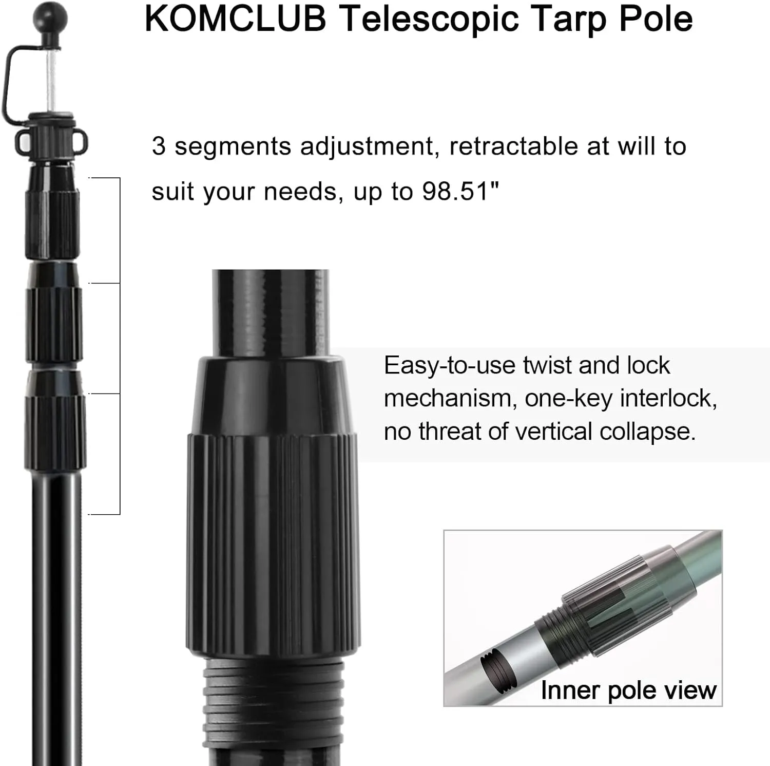 KOMCLUB Telescoping Tarp Poles Adjustable Tent Poles for Tarp Heavy-Duty Design Portable & Lightweight Fiberglass Tent Poles for Shelter Camping Awning 4 Sections Adjustable to 98.51 in(Set of 2)