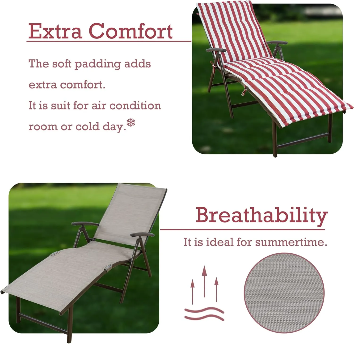 Kozyard Cozy Aluminum Reclining Lounge Chair - Perfect for Beach, Yard, Pool, Deck, Patio Outdoor Chaise Lounge with Drink Holder, Weather Free, Adjustable Assemble Free (Beige with Red Strip Cushion)