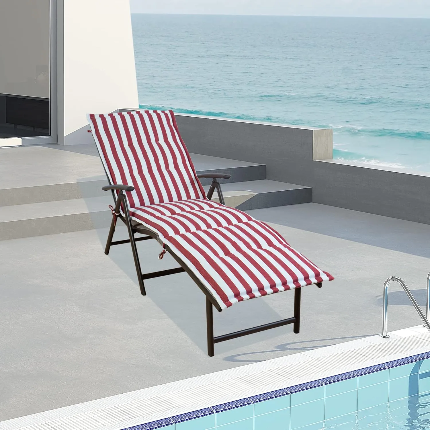 Kozyard Cozy Aluminum Reclining Lounge Chair - Perfect for Beach, Yard, Pool, Deck, Patio Outdoor Chaise Lounge with Drink Holder, Weather Free, Adjustable Assemble Free (Beige with Red Strip Cushion)