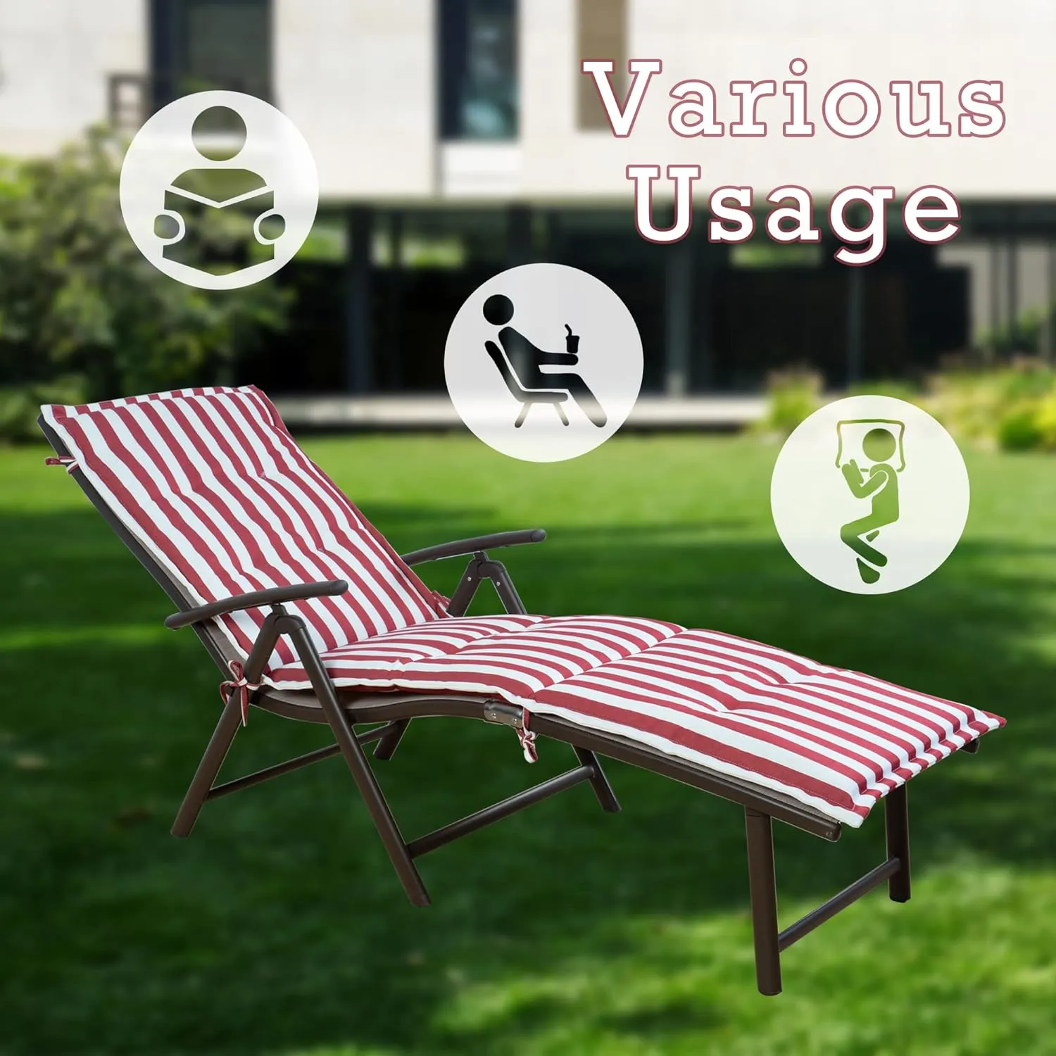 Kozyard Cozy Aluminum Reclining Lounge Chair - Perfect for Beach, Yard, Pool, Deck, Patio Outdoor Chaise Lounge with Drink Holder, Weather Free, Adjustable Assemble Free (Beige with Red Strip Cushion)