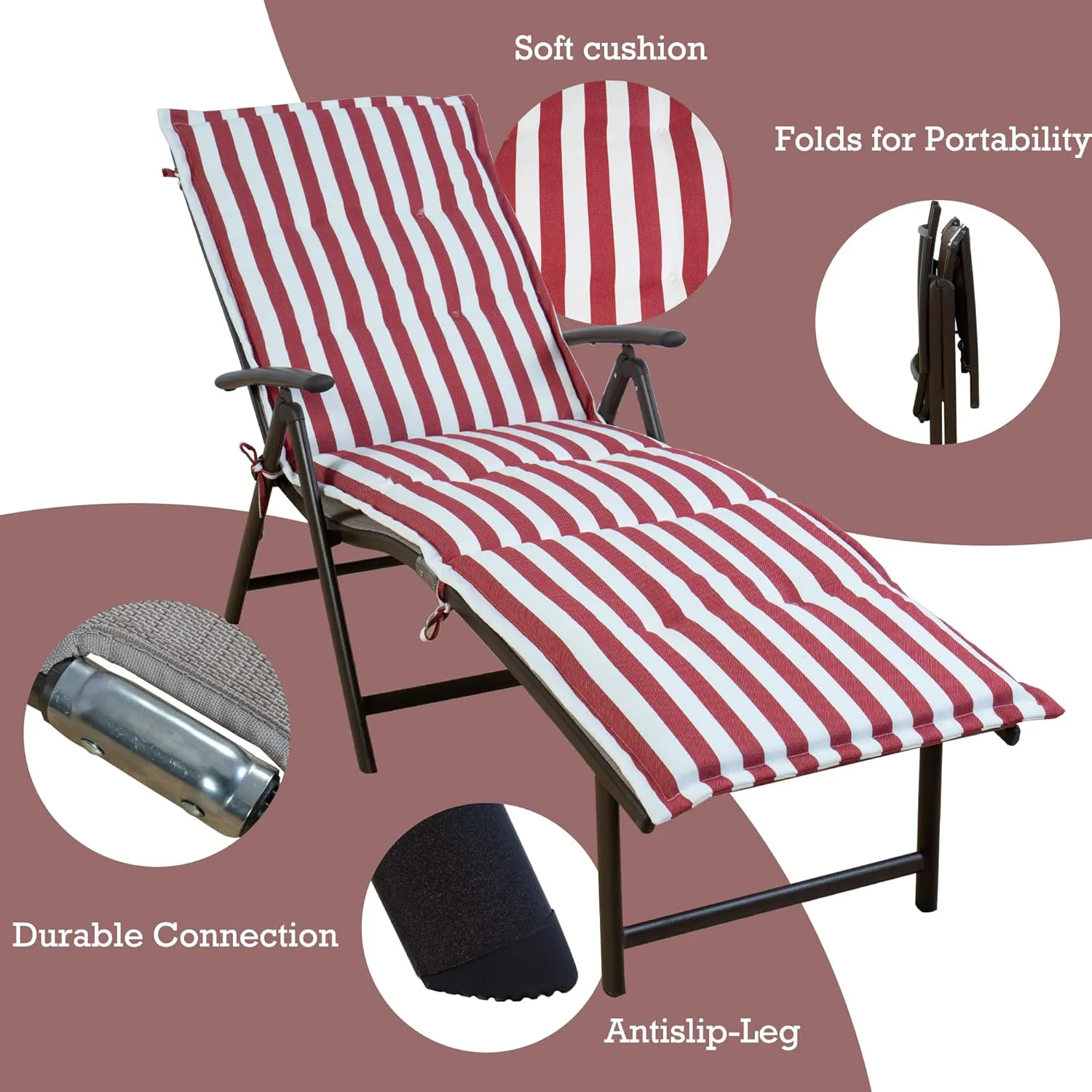 Kozyard Cozy Aluminum Reclining Lounge Chair - Perfect for Beach, Yard, Pool, Deck, Patio Outdoor Chaise Lounge with Drink Holder, Weather Free, Adjustable Assemble Free (Beige with Red Strip Cushion)