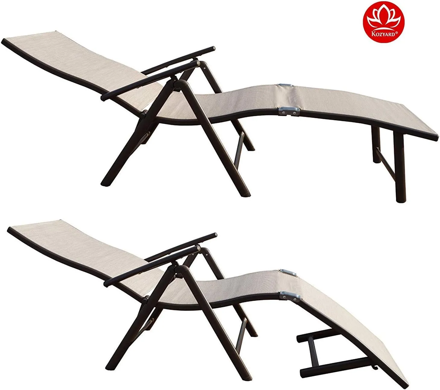 Kozyard Cozy Aluminum Reclining Lounge Chair - Perfect for Beach, Yard, Pool, Deck, Patio Outdoor Chaise Lounge with Drink Holder, Weather Free, Adjustable Assemble Free (Beige with Red Strip Cushion)