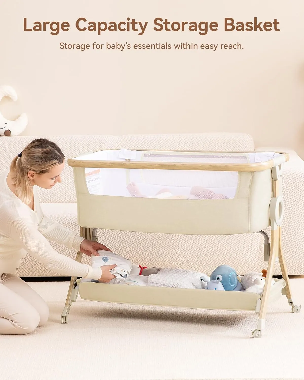 Larex Baby Bassinet, Baby Bassinet Bedside Sleeper with Storage Basket and Wheels, Height Adjustable Portable Crib for Newborn Infant, Easy Assemble and Folding(Khaki)