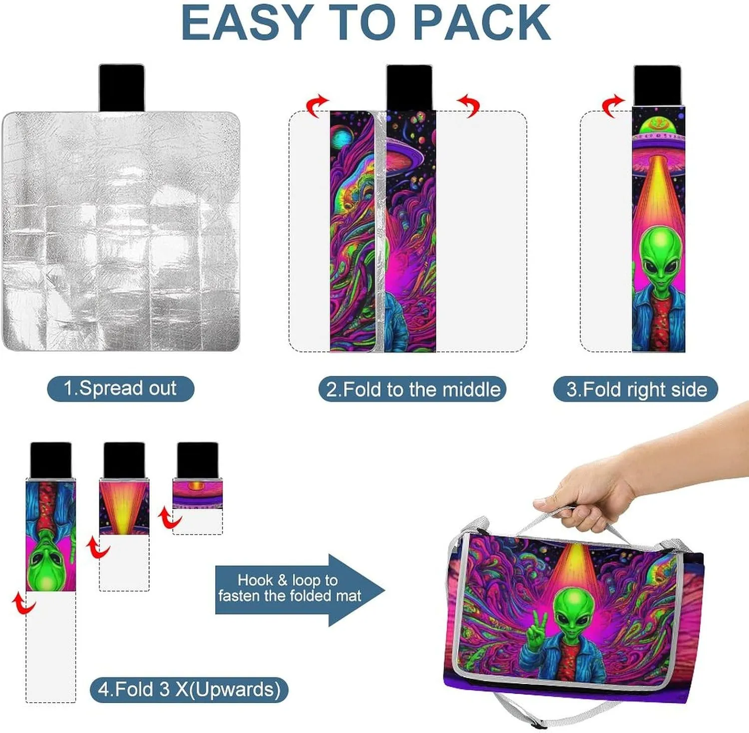Large Beach Mat for Women Men Unisex, Foldable Waterproof Trippy Space Alien Weed Art Blanket for Outdoor Park Travel Picnic Accessories