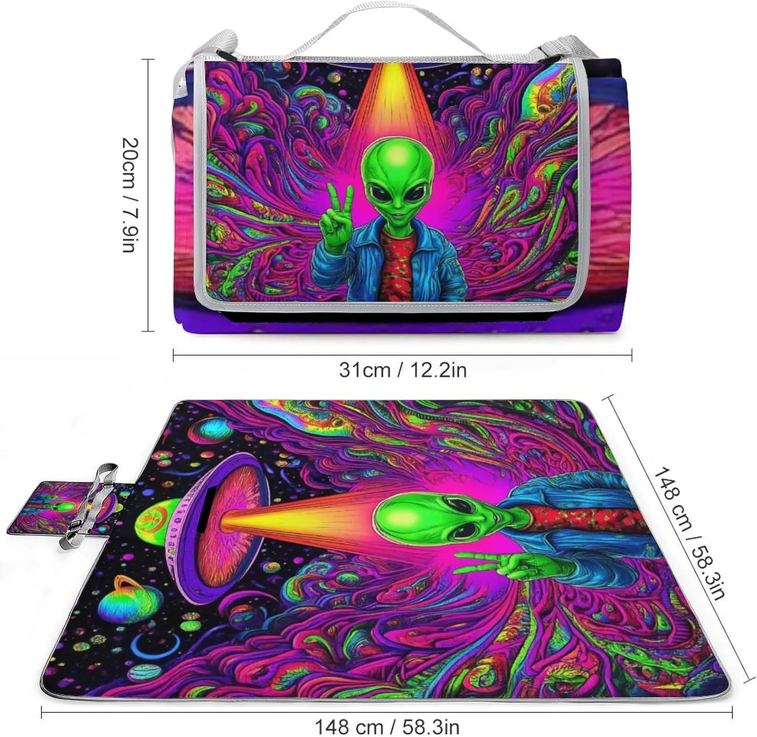 Large Beach Mat for Women Men Unisex, Foldable Waterproof Trippy Space Alien Weed Art Blanket for Outdoor Park Travel Picnic Accessories