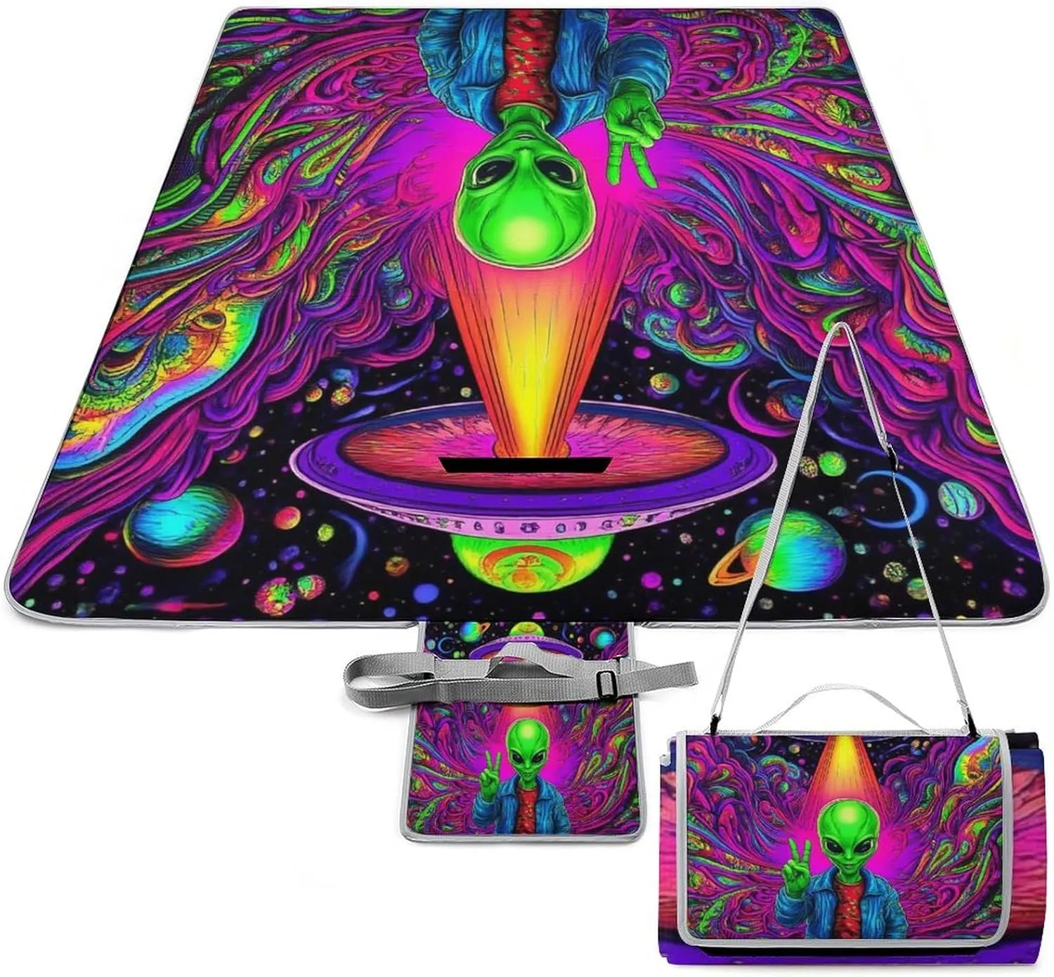 Large Beach Mat for Women Men Unisex, Foldable Waterproof Trippy Space Alien Weed Art Blanket for Outdoor Park Travel Picnic Accessories